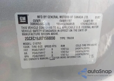 2007 Chevrolet Silverado 1500 Lt1 z USA, uszkodzony, nr VIN 2GCEC19J871568090